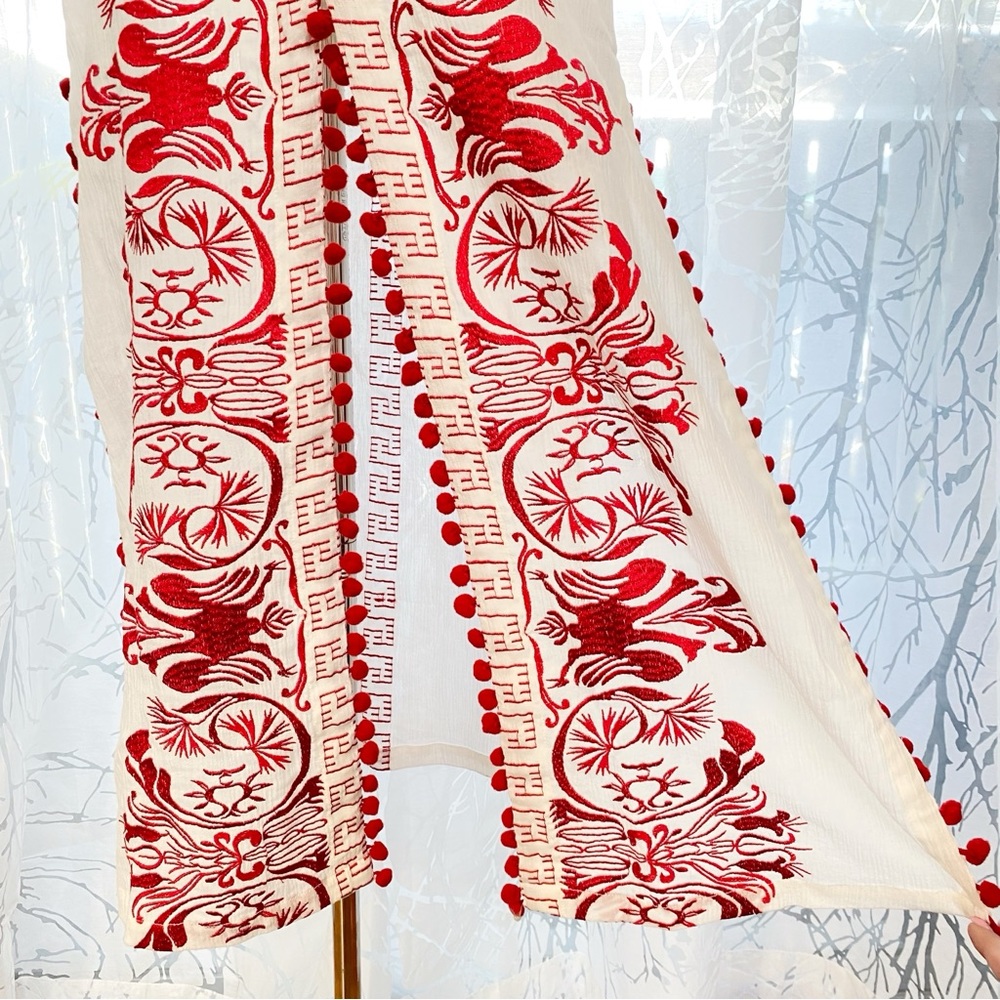 MISA WHITE RED EMBROIDERED SEVA CALIA POM POM TRIM TUNIC MAXI DRESS - Picture 4 of 11